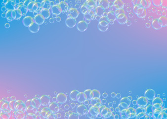 Soap foam. Detergent bath bubble and suds for bathtub. Shampoo. Minimal fizz and splash. Realistic water frame and border. 3d vector illustration poster. Rainbow colorful liquid soap foam.
