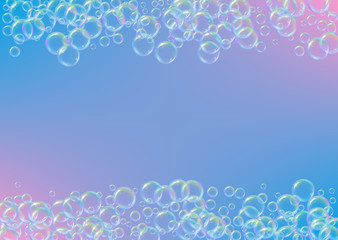 Soap foam. Detergent bath bubble and suds for bathtub. Shampoo. Minimal fizz and splash. Realistic water frame and border. 3d vector illustration poster. Rainbow colorful liquid soap foam.