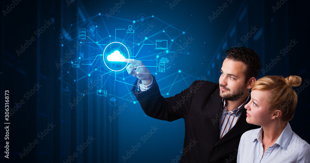 Poster Man and woman touching hologram projection displaying cloud system