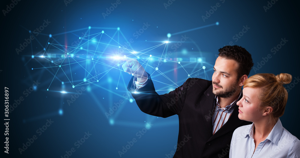 Aufkleber Man and woman touching hologram screen displaying modern web system