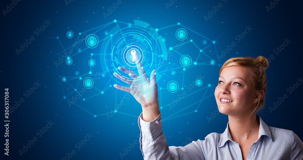 Aufkleber woman touching hologram screen displaying keys and locks
