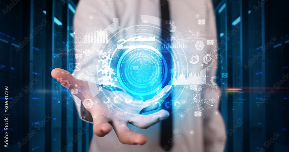 Aufkleber Man holding hologram projection displaying biometric security concept