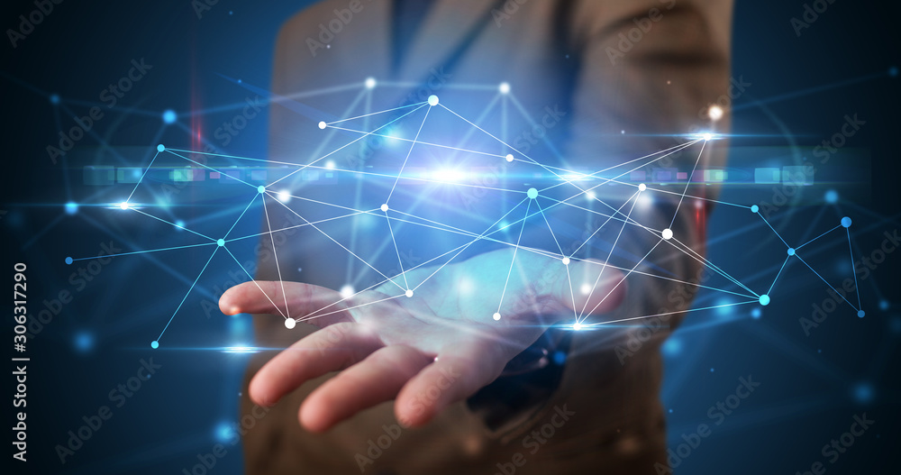 Poster Handsome person holding hologram screen displaying modern cloud based web system technology