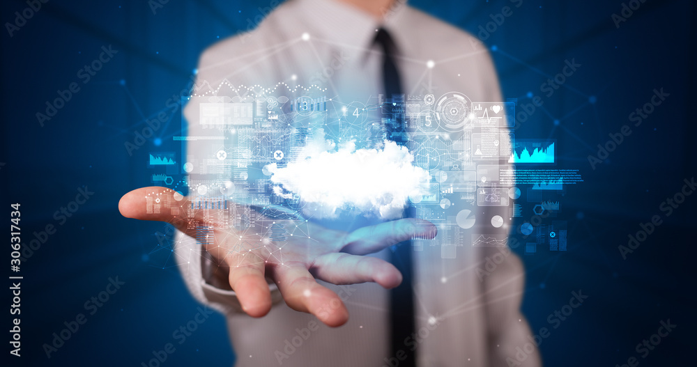 Poster Person holding hologram screen displaying information from cloud based system