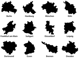 Black outline maps of the 12 most populous cities of the Federal Republic of Germany