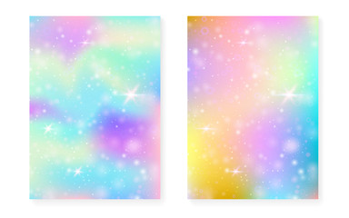 Magic background with princess rainbow gradient. Kawaii unicorn hologram. Holographic fairy set. Spectrum fantasy cover. Magic background with sparkles and stars for cute girl party invitation.