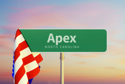 Apex – North Carolina. Road Or Town Sign. Flag Of The United States. Sunset Oder Sunrise Sky. 3d Rendering