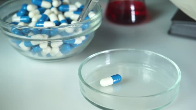 The doctor takes a capsule with a new medicine with tweezers and transfers it. Concept - drug testing, drug quality control