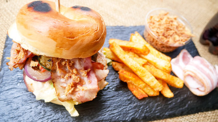 Hamburger and fries on a table