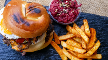 Hamburger and fries on a table