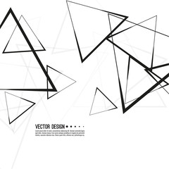 Abstract monochrome background with dynamic flying triangular geometric shapes. Vector intersecting triangles pattern. Chaotic black and white texture.