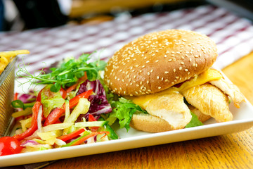 Hamburger and fries on a table