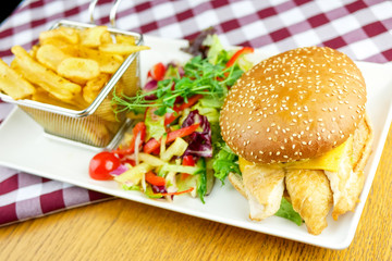 Hamburger and fries on a table
