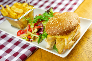 Hamburger and fries on a table