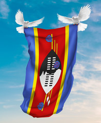 Eswatini flag carried by white pigeon with sky background