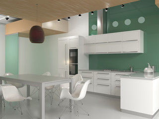 3d rendering of new contemporary kitchen in white and mint colors