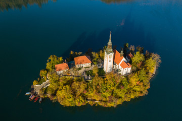 Aerial view of the colorful forest and Lake Bled with a small island with a church. Sunrise in...