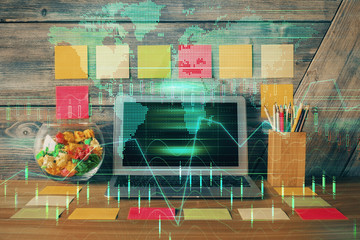 Multi exposure of chart and financial info and work space with computer background. Concept of international online trading.