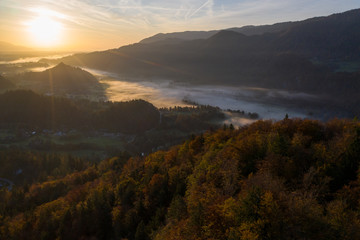 Aerial view of the colorful forest and Lake Bled with a small island with a church. Sunrise in...
