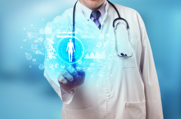 Doctor touching hologram screen displaying medical symbols and charts
