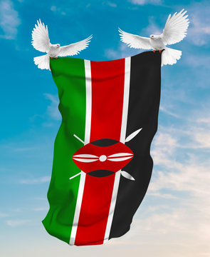 Kenya flag carried by white pigeon with sky background