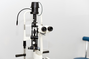 Ophthalmoscopy of the eye. Medical equipment with ophthalmoscope in modern clinic