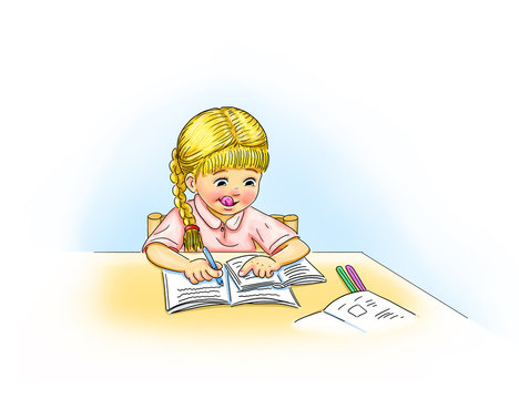 Mädchen Schülerin Kind mit Zopf sitzt am Tisch Bücher Schulhefte vor sich Bildung Lernmaterial Schule Hausaufgaben Home Schooling schreiben lernen Schulaufgaben