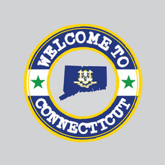 Vector stamp of welcome to Connecticut  with map outline of the states in center, text "Qui Transtulit Sustinet", Latin for "He who transplanted sustains”
