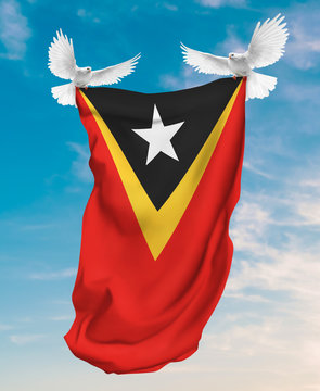 Timor-Leste flag carried by white pigeon with sky background