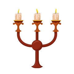 Candelabrum with three burning candles on white