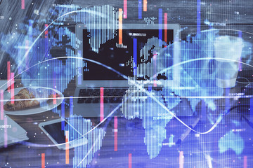 Multi exposure of business theme icons and work space with computer background. Concept of success.