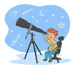 Kids hobby and cute boy astronomer with telescope