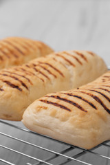 Panini bread,  freshly baked out of the oven,  cooling down on a metal cooling rack.  With a grey wood background