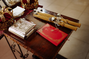 Religious items prepared for a ceremony inside a Christian Orthodox church