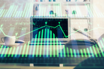 Technology theme drawing and table with computer. Multi exposure. Concept of information.