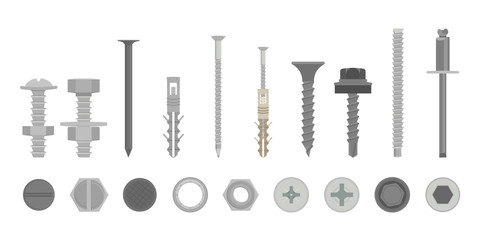 Screw assortment set side and from above view - obrazy, fototapety, plakaty