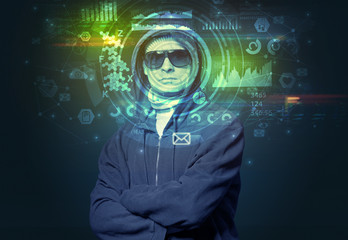 Facial recognition system. Young man on dark background, face recognition concept