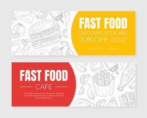 Hand Drawn Fast Food Restaurant Horizontal Vector Discount Vouchers Template