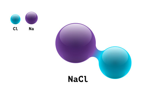 Chemistry model salt molecule diatomic sodium chlorine NaCl scientific element formula. Integrated particles inorganic 3d molecular structure consisting. Two volume atom combination vector spheres