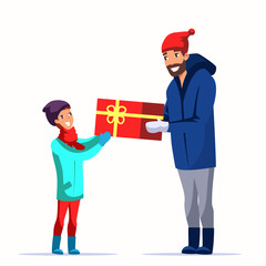 Father giving gift to son flat vector characters