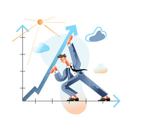 Increase profitability flat vector illustration. Income enhancing, revenue augmenting metaphor. Businessman raising arrow up cartoon character. Finance, business strategy, company growth concept.