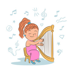 Girl playing harp cartoon vector illustration