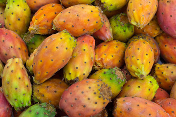 Bunch of ripe prickly pear cactus Opuntia fruits, top view.