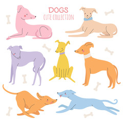 Super cute set - Vector different Dogs collection. Hand drawn pets characters with different emotions.
