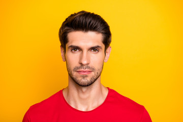 Fototapeta premium Close up photo of concentrated guy look in camera feel imagine he real work worker wear casual style millennial clothes isolated over bright color background