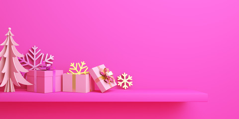 Happy New Year or winter banner design creative concept, rack or shelf, gift box, snow icon, pine, spruce, fir,  on pink background. Copy space text area, flat lay. 3D rendering illustration.