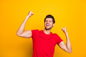 Yeah i best. Crazy funky ecstatic guy celebrate win competition raise fists shout yeah wear casual...