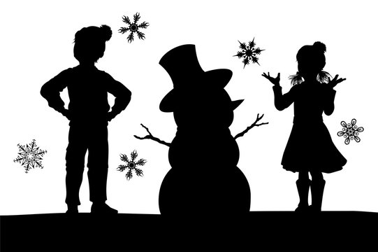 A scene of children in silhouette playing in Christmas or winter cold weather clothing making a snowman