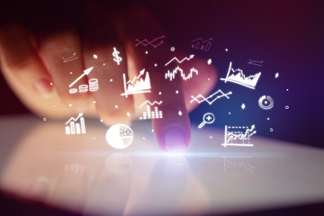 Finger touching tablet with business reports and charts concept