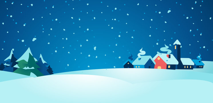 Winter village at night background christmas illustration - Vector